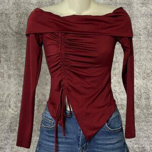 Burgundy Satin Off-Shoulder Ruched Top